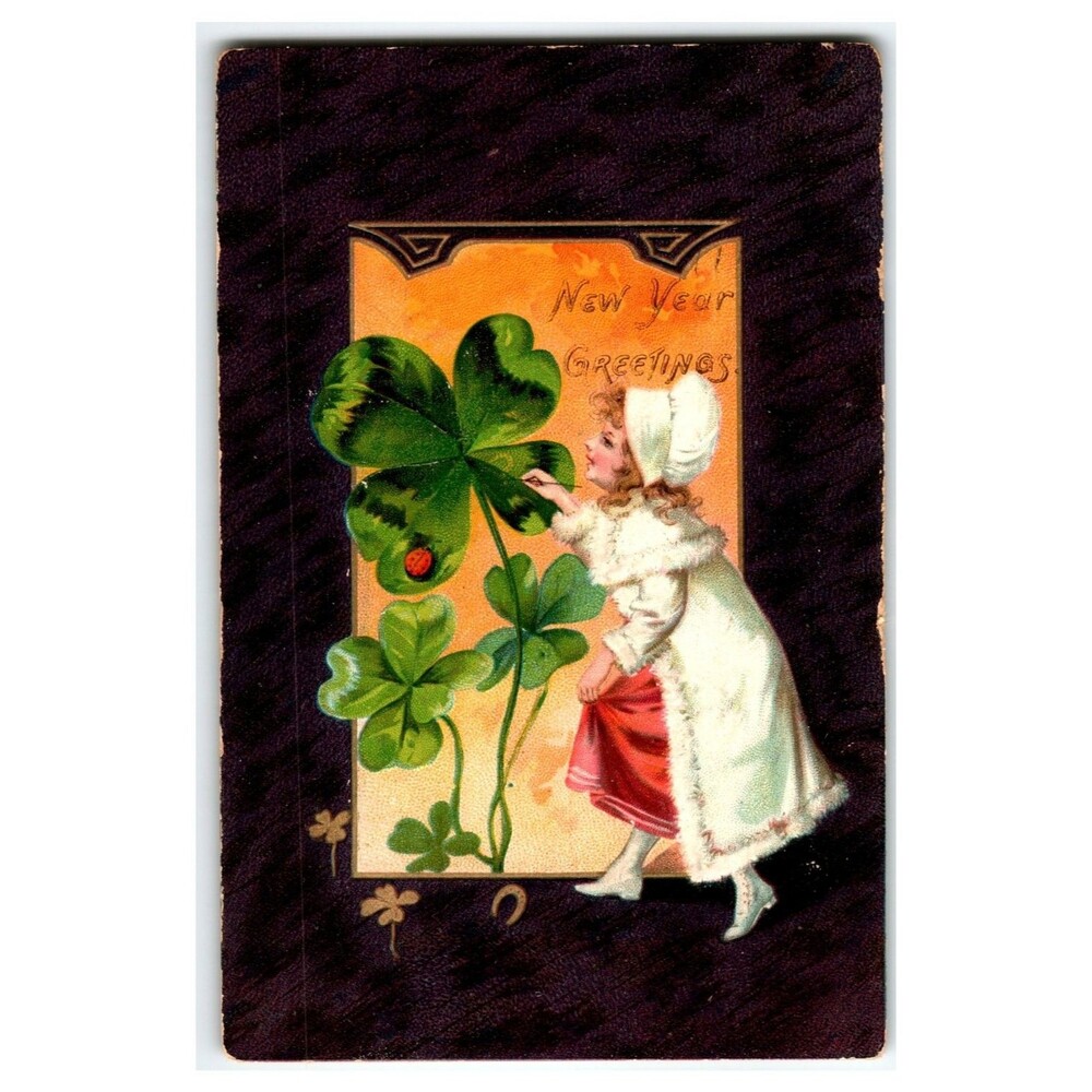 Raphael Tuck New Year Greetings Postcard Girl Clover Ladybug 1907 Posted